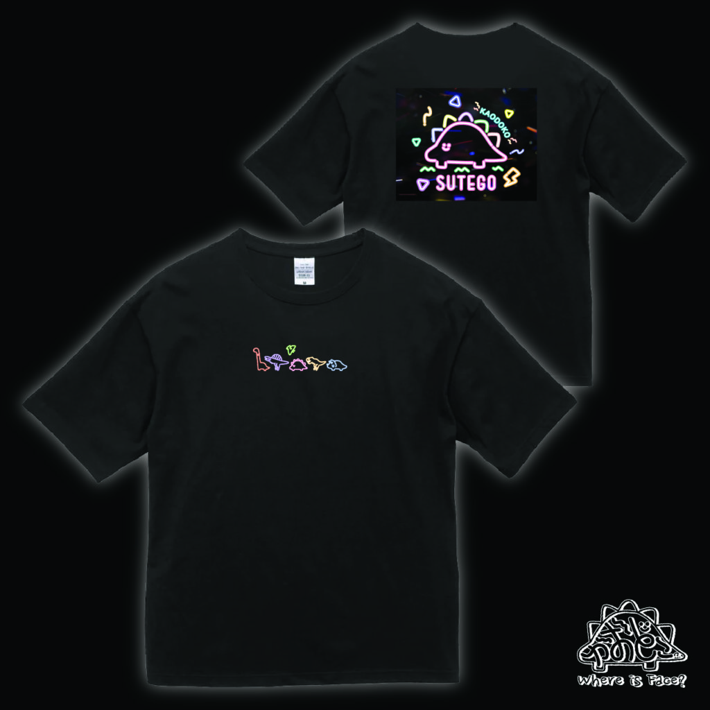 かおどこだいなそーネオン風黒Tシャツ＿KAODOKODINOSAUR neon Black T shirt