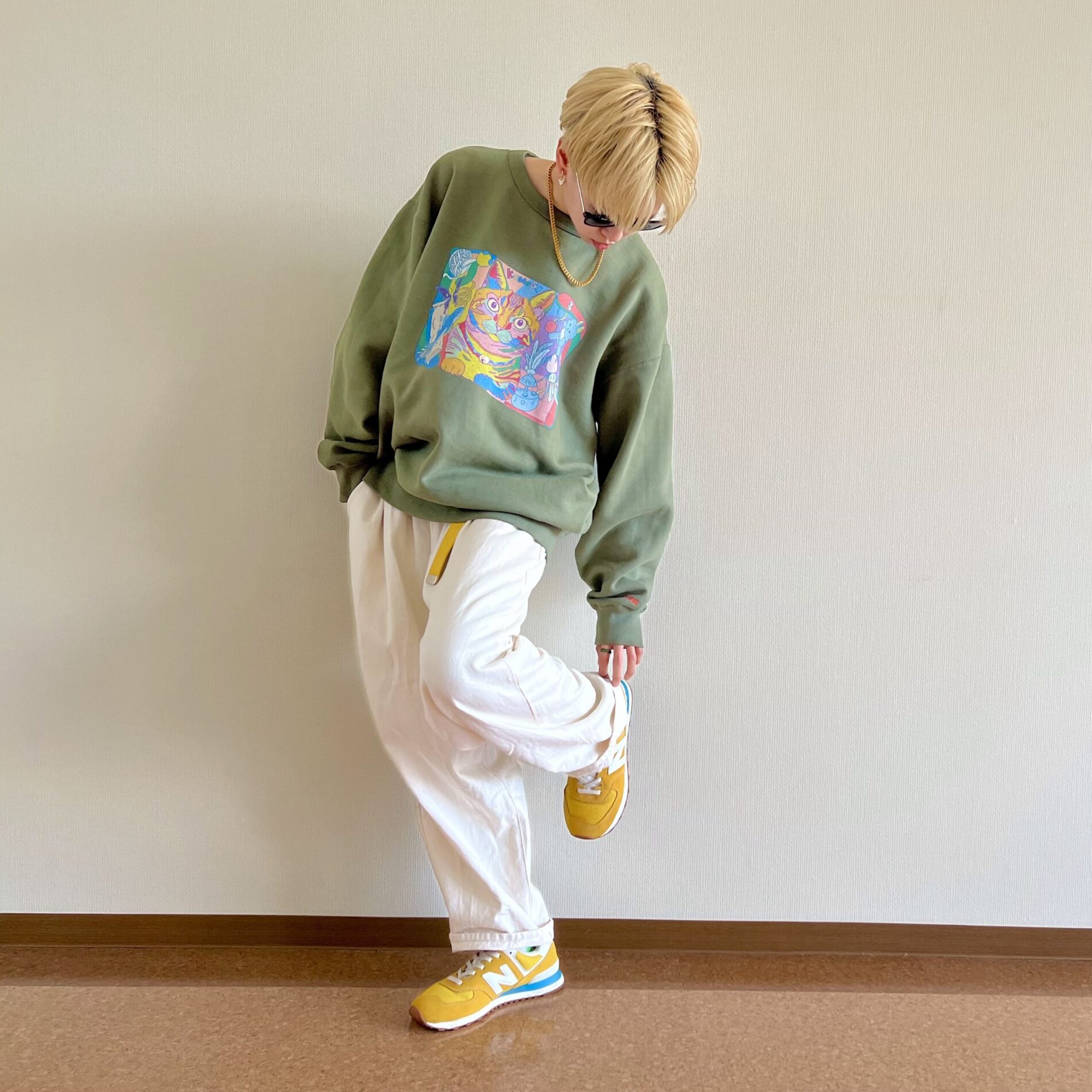 愛猫こむぎイラストカーキトレーナー＿LOVE CAT KOMUGI illustration khaki sweatshirt