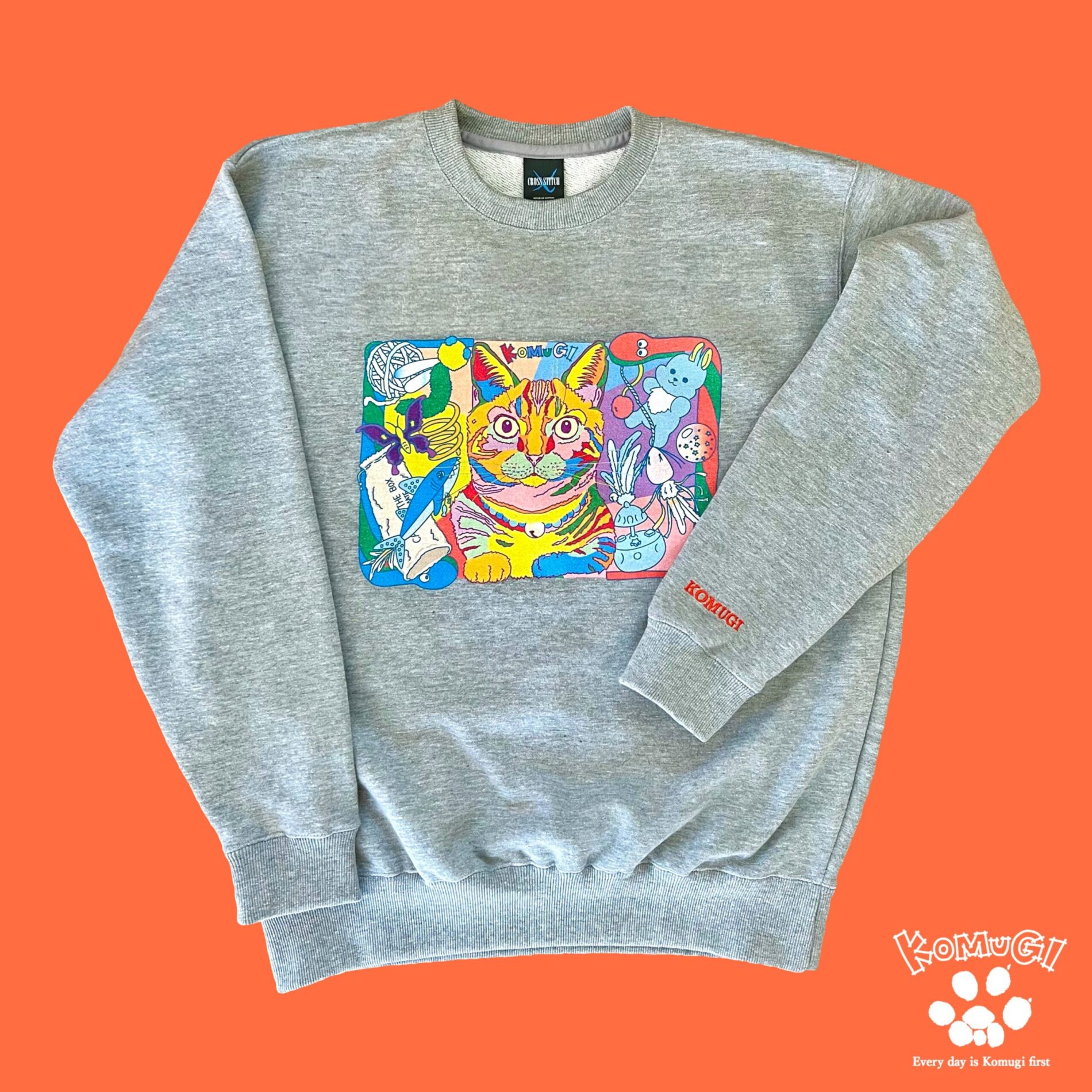愛猫こむぎイラストグレートレーナー＿LOVE CAT KOMUGI illustration gray sweatshirt