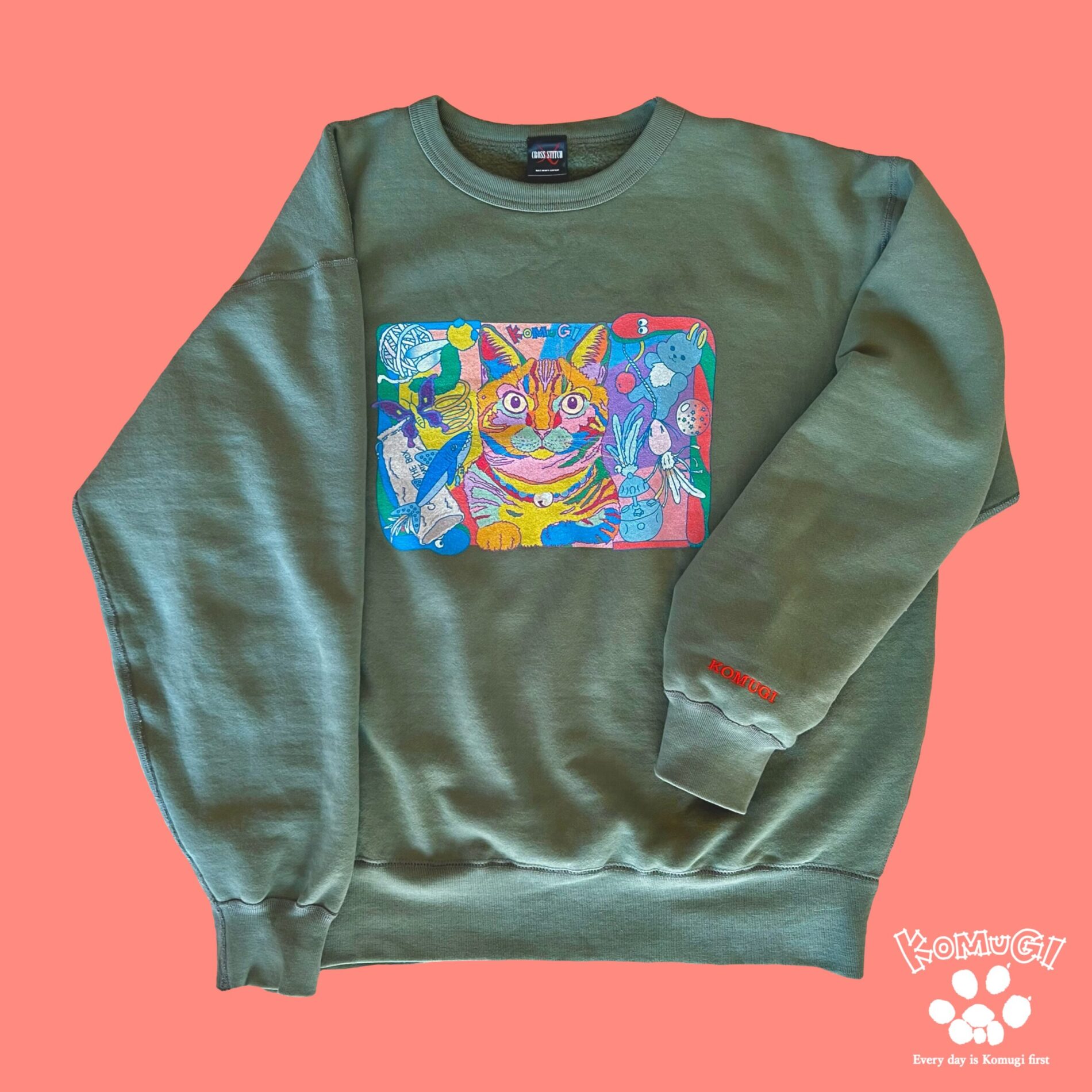 愛猫こむぎイラストカーキトレーナー＿LOVE CAT KOMUGI illustration khaki sweatshirt