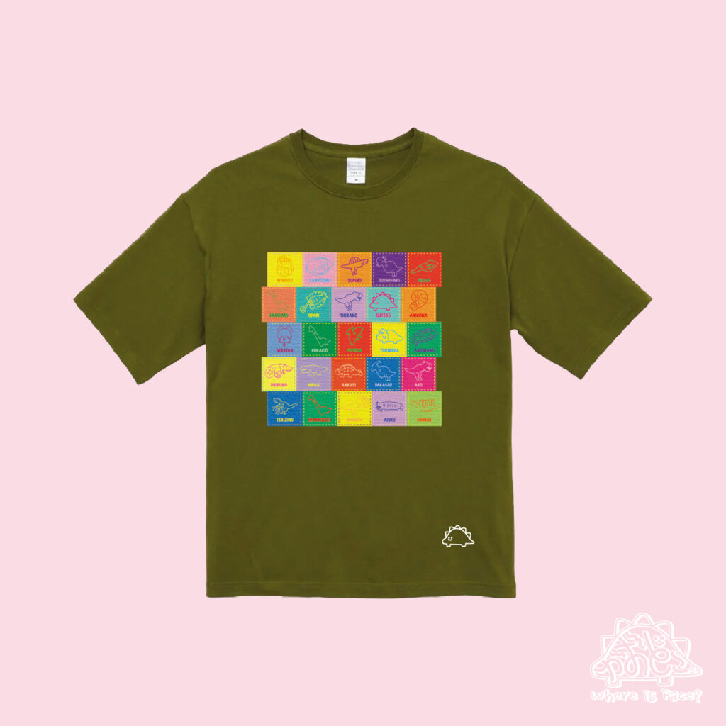 かおどこだいなそーパッチ風グリーンTシャツ＿KAODOKODINOSAUR patchwork Green T shirt