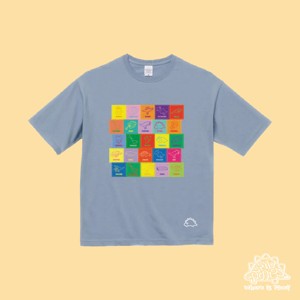 かおどこだいなそーパッチ風グリーンTシャツ＿KAODOKODINOSAUR patchwork Blue T shirt