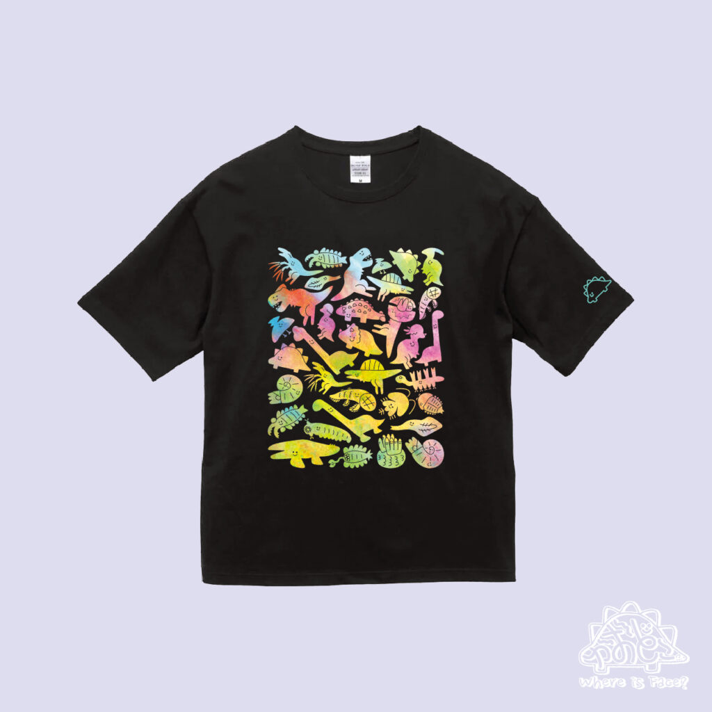 かおどこだいなそー水彩風グリーンTシャツ＿KAODOKODINOSAUR watercolor Black T shirt