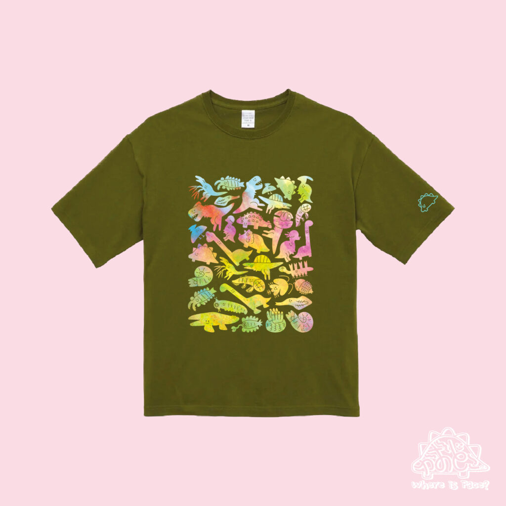 かおどこだいなそー水彩風グリーンTシャツ＿KAODOKODINOSAUR watercolor Green T shirt