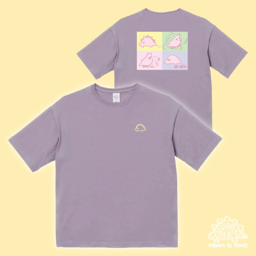 かおどこだいなそーパッチ風グリーンTシャツ＿KAODOKODINOSAUR Stegosaurus purple T shirt