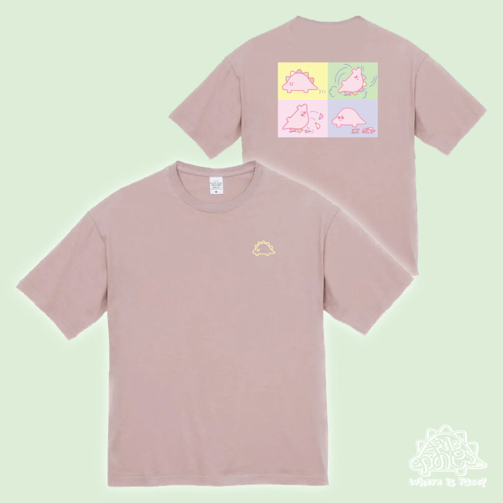 かおどこだいなそーパッチ風グリーンTシャツ＿KAODOKODINOSAUR Stegosaurus pink T shirt